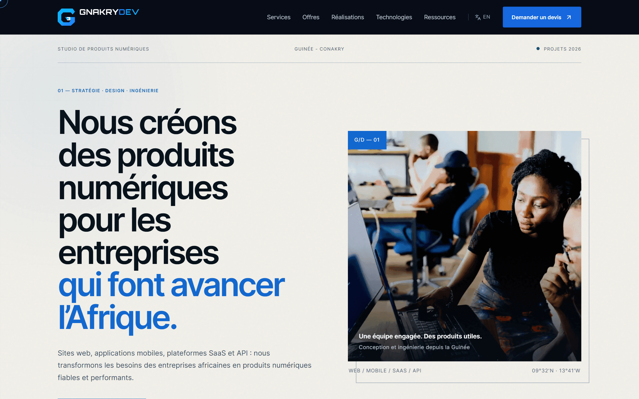 GNAKRYDEV — Positionnement et conversion
